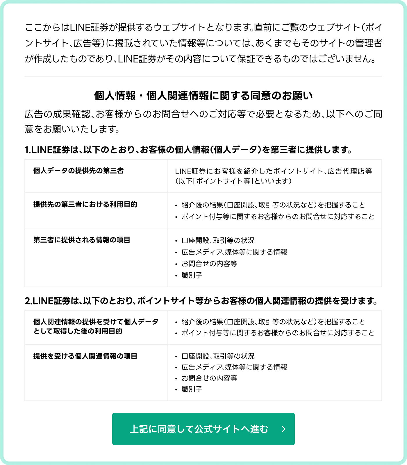 LINE証券　個人関連情報に関する同意のお願い