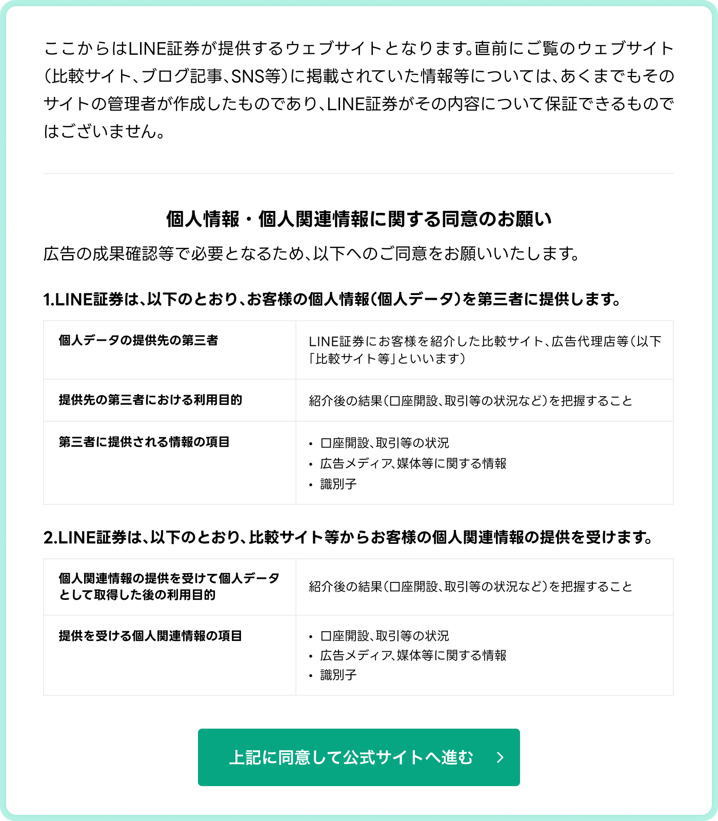 LINE証券　個人関連情報に関する同意のお願い